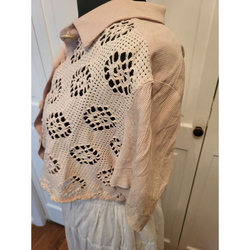 Vtg 90's Pink White Gingham Crochet Cropped Button Up 16 Cottage Fairy Coquette - Picture 4 of 9